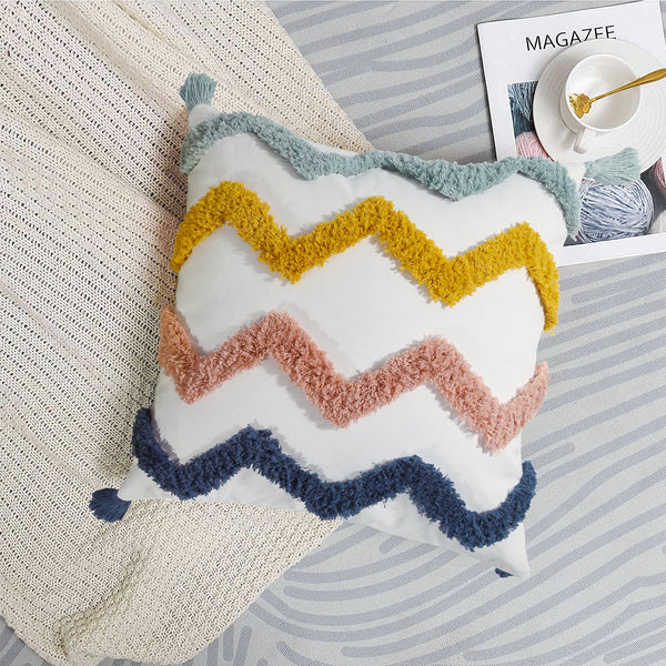 New Wave Color Tassel Throw Pillow Cover Coral Blue Yellow Gray