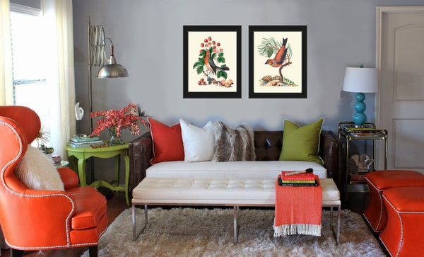 Bird Print Set Wall Art of 2 Prints Beautiful Antique Pretty Red Blue Berries Flowers Butterfly Picture Illustration Home Decor to Frame BJB