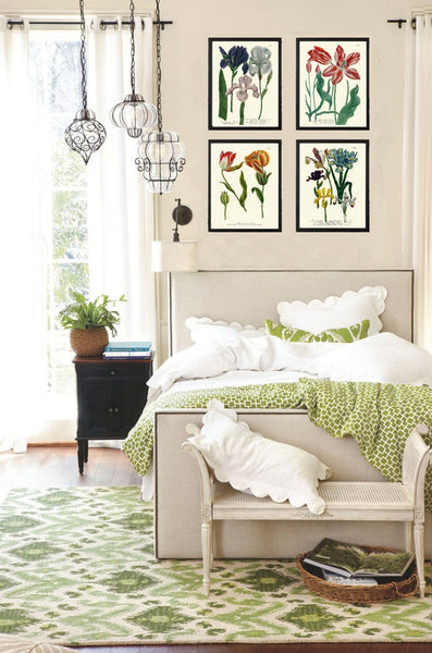 Iris and Tulip Botanical Print Set of 4 Prints Beautiful Antique Wall Art Blue Red Flowers Hanging Decoration Home Decor to Frame WEIN