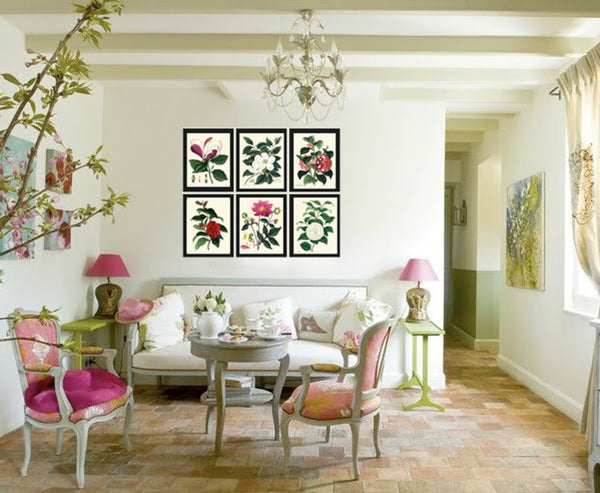 Botanical Wall Art Set of 6 Prints Beautiful White Pink Red Magnolia Camellia Dahlia Green Spring Garden Home Room Decor to Frame HA