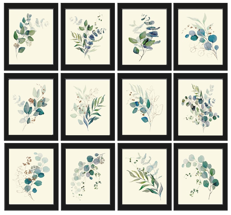 Eucalyptus Flower Botanical Wall Decor Art Set of 12 Prints Beautiful Blue Green Tropical Plant Relaxing Interior Home Decor to Frame CMEU