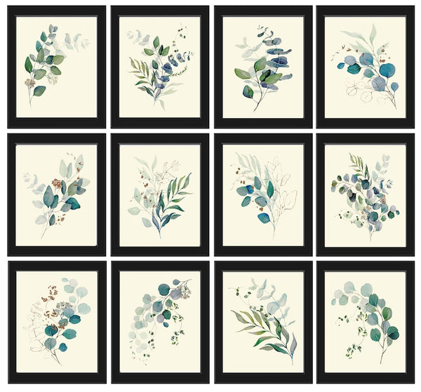 Eucalyptus Flower Botanical Wall Decor Art Set of 12 Prints Beautiful Blue Green Tropical Plant Relaxing Interior Home Decor to Frame CMEU