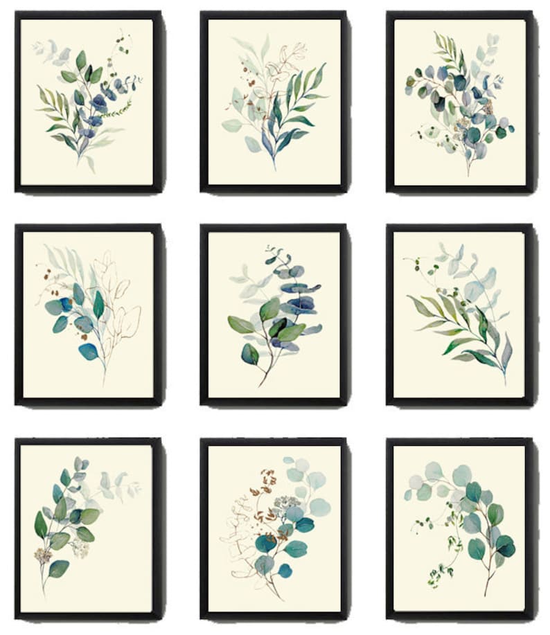 Eucalyptus Flower Botanical Wall Decor Art Set of 9 Prints Beautiful Blue Green Tropical Plant Relaxing Interior Home Decor to Frame CMEU