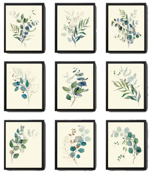 Eucalyptus Flower Botanical Wall Decor Art Set of 9 Prints Beautiful Blue Green Tropical Plant Relaxing Interior Home Decor to Frame CMEU