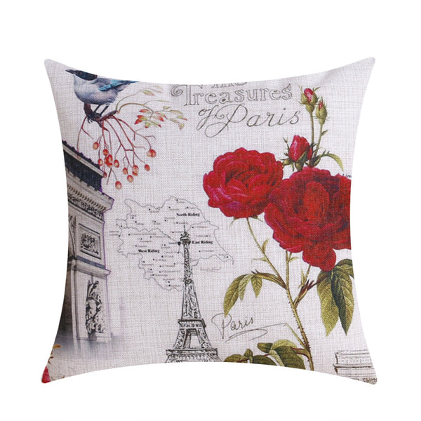 Paris Eiffel Tower Pillow Cover Botanical Flowers Rose Garden