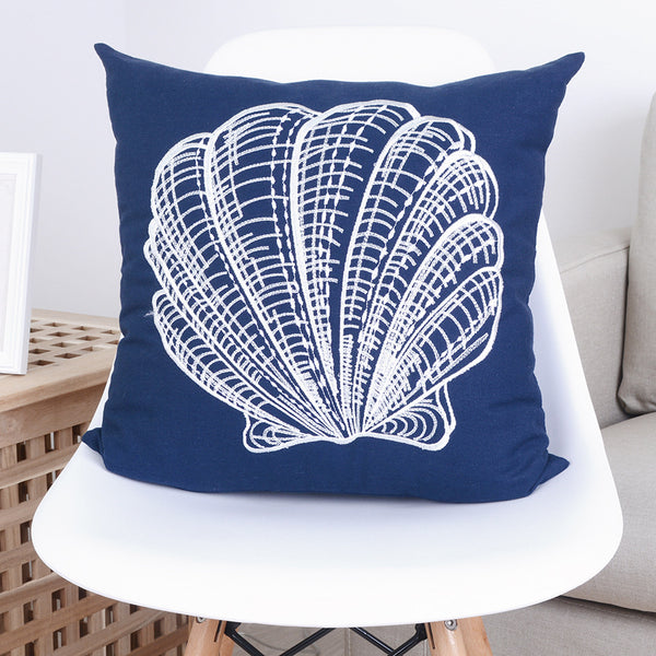 Nautical Shells White Blue Pillowcase Home Modern Minimalist Embroidered Marine Decor