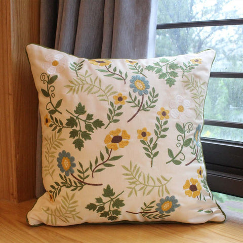 Floral Embroidery Wildflowers Botanical Cotton Pillow Cover