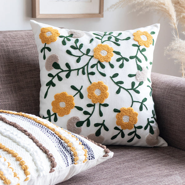 Embroidered Floral Cushion Pillow Cover Handmade Knot