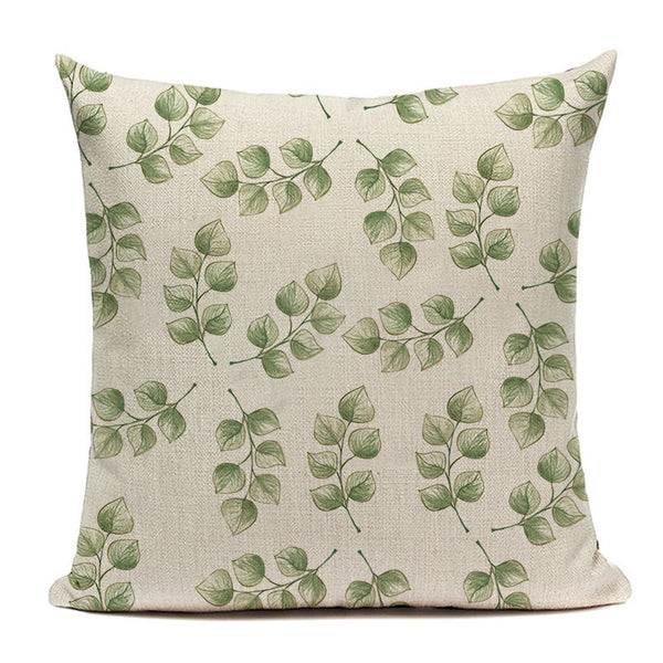 Green Leaf Botanical Linen Pillow Cover