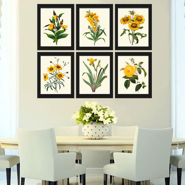 Vintage Botanical Wall Art Set of 6 Prints Beautiful Antique Yellow Rose Daisy Iris Garden Nature Plants Illustration Home Decor to Frame RE