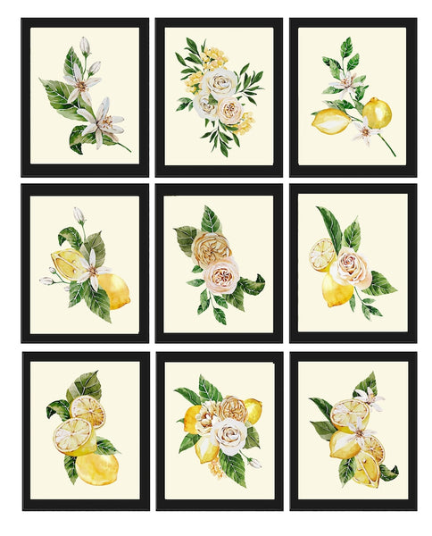 Lemons and Roses Botanical Wall Art Set of 9 Prints Beautiful Blooming Citrus Fruit Flowers Tropical Interior Design Home Decor to Frame LMC