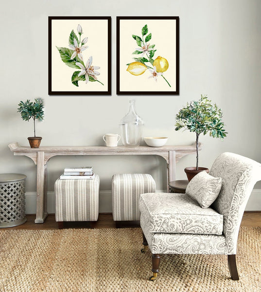 Lemon Print Set Fruit Botanical Wall Art 2 Prints Beautiful Blooming Citrus Tree Flowers Tropical Interior Design Home Decor to Frame LMC