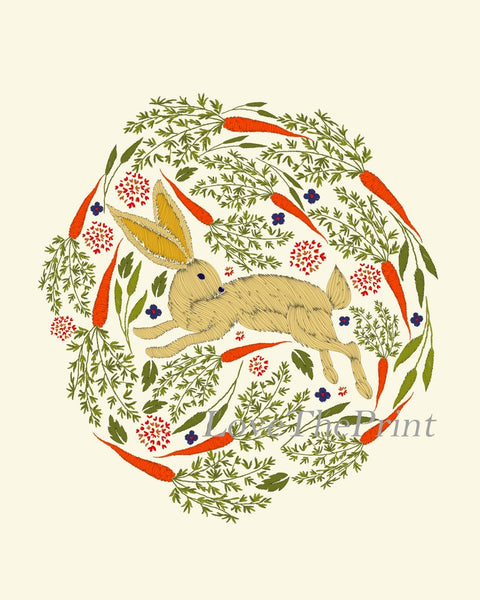 Bunny Rabbit Wildflowers Carrots Wall Art Set of 3 Prints Beautiful Embroidery Based Farmhouse Rustic Home Room Decor Decoration to Frame CM