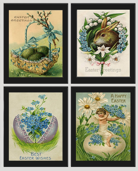 Easter Basket Bunny Egg Wall Art Set of 4 Prints Beautiful Vintage Antique Post Cart Blue Forget-Me-Not Flowers Home Decor to Frame PRI