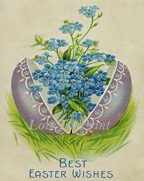 Easter Basket Bunny Egg Wall Art Set of 4 Prints Beautiful Vintage Antique Post Cart Blue Forget-Me-Not Flowers Home Decor to Frame PRI