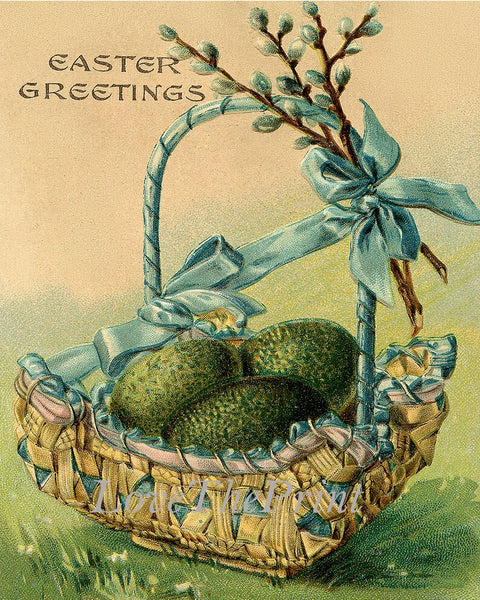 Easter Basket Bunny Rabbit Eggs Wall Art Set of 6 Prints Beautiful Vintage Post Cart Blue Forget-Me-Not Flowers Home Decor to Frame PRI