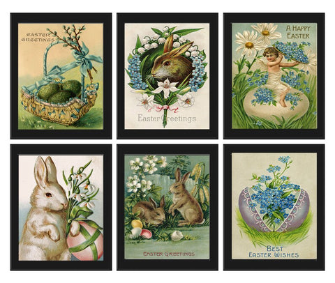 Easter Basket Bunny Rabbit Eggs Wall Art Set of 6 Prints Beautiful Vintage Post Cart Blue Forget-Me-Not Flowers Home Decor to Frame PRI