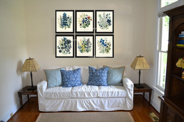Blue Flowers Botanical Wall Art Set of 6 Prints Beautiful Vintage Antique Spring Summer Wildflowers Book Plate Home Room Decor to Frame LEB