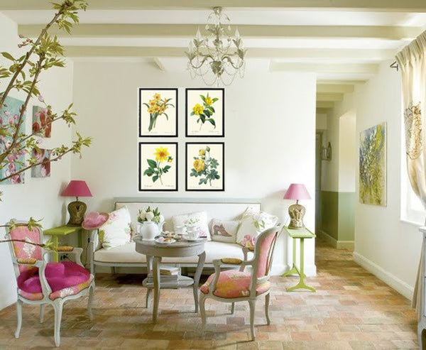 Yellow Flowers Botanical Print Set of 4 Beautiful Antique Vintage Wall Art Narcissus Dahlia Rose Garden Plants Home Decor to Frame REDT