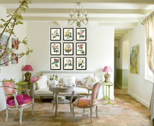 French Roses Prints Botanical Vintage Antique Wall Art Set of 9 Beautiful White Pink Yellow Flowers Floral Home Room Decor to Frame REDT