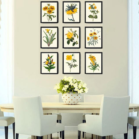 Vintage Botanical Wall Art Set of 9 Prints Beautiful Antique Yellow Rose Daisy Iris Dining Living Room Kitchen Office Home Decor to Frame RE