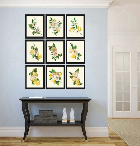 Lemons and Roses Botanical Wall Art Set of 9 Prints Beautiful Blooming Citrus Fruit Flowers Tropical Interior Design Home Decor to Frame LMC