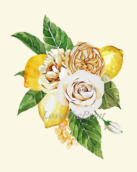 Lemons and Roses Botanical Wall Art Set of 6 Prints Beautiful Blooming Citrus Fruit Flowers Tropical Interior Design Home Decor to Frame LMC