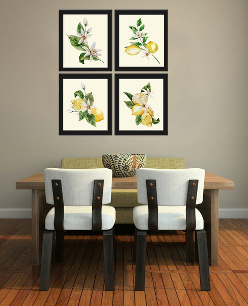 Lemons and Roses Botanical Wall Art Set of 4 Prints Beautiful Blooming Citrus Fruit Flowers Tropical Interior Design Home Decor to Frame LMC