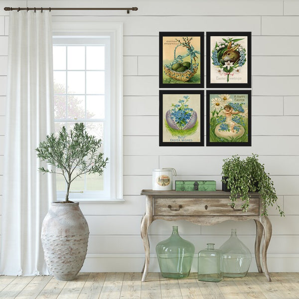 Easter Basket Bunny Egg Wall Art Set of 4 Prints Beautiful Vintage Antique Post Cart Blue Forget-Me-Not Flowers Home Decor to Frame PRI