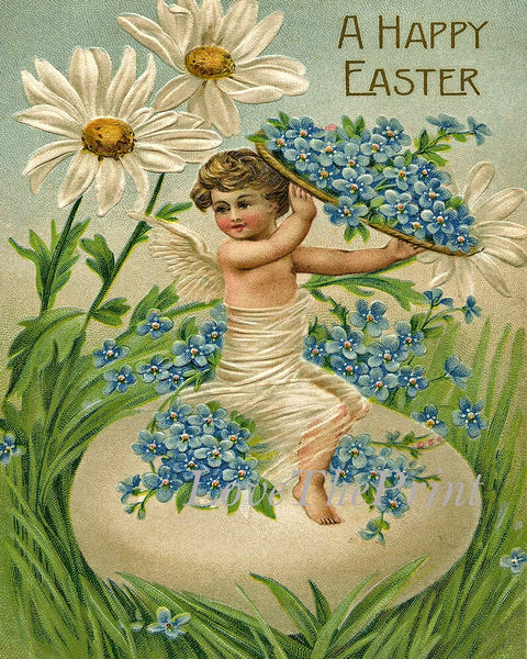 Easter Bunny Rabbit Egg Wall Art Set of 3 Prints Beautiful Vintage Antique Post Cart Blue Forget-Me-Not Daisy Flower Home Decor to Frame PRI