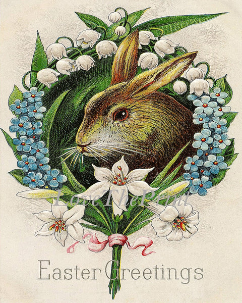 Easter Basket Bunny Egg Wall Art Set of 4 Prints Beautiful Vintage Antique Post Cart Blue Forget-Me-Not Flowers Home Decor to Frame PRI