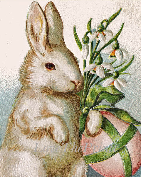 Easter Basket Bunny Rabbit Eggs Wall Art Set of 6 Prints Beautiful Vintage Post Cart Blue Forget-Me-Not Flowers Home Decor to Frame PRI