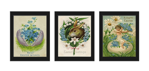 Easter Bunny Rabbit Egg Wall Art Set of 3 Prints Beautiful Vintage Antique Post Cart Blue Forget-Me-Not Daisy Flower Home Decor to Frame PRI