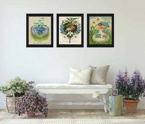 Easter Bunny Rabbit Egg Wall Art Set of 3 Prints Beautiful Vintage Antique Post Cart Blue Forget-Me-Not Daisy Flower Home Decor to Frame PRI
