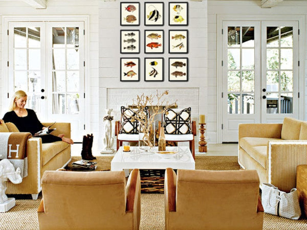 Tropical Fish Wall Art Set of 9 Prints Beautiful Antique Vintage Colorful Red Black and White Stripe Ocean Marine Home Decor to Frame FGH