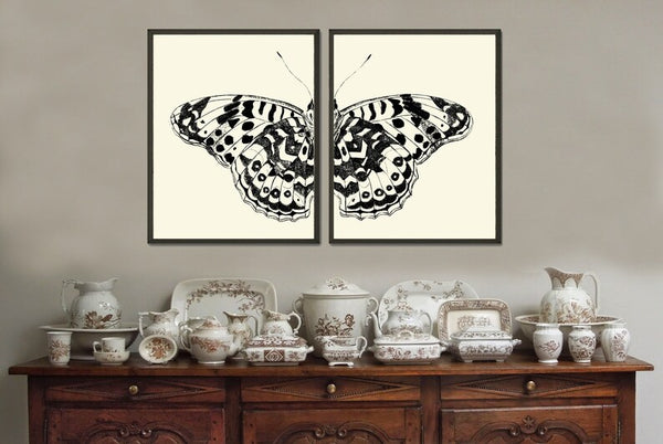Butterfly Wall Art Set of 2 Prints Beautiful Black and White Garden Outdoor Nature Bedroom Child Room Playroom Office Home Decor to Frame TR