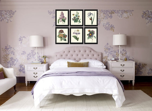 Purple Violet Lilac Iris Pansy Gloxinia Flowers Botanical Wall Art Set of 6 Prints Beautiful Vintage Spring Garden Home Decor to Frame REDT