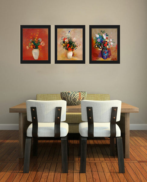 Wildflowers in Vases Botanical Wall Art Decor Set of 3 Prints Beautiful Vintage Antique Painting Colorful Flowers Blue Orange to Frame OR