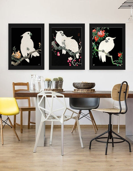Parrot Wall Art Prints Set of 3 Beautiful Vintage Antique White Large Cockatoo Tropical Interior Design Bird Home Room Decor to Frame OHK
