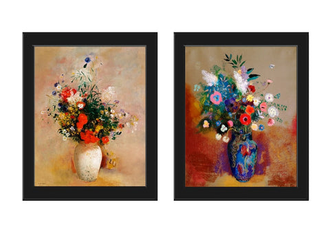 Wildflowers Flowers Botanical Prints Wall Art Set of 2 Beautiful Antique Vintage Painting White Blue Vases Bouquets Home Decor to Frame OR