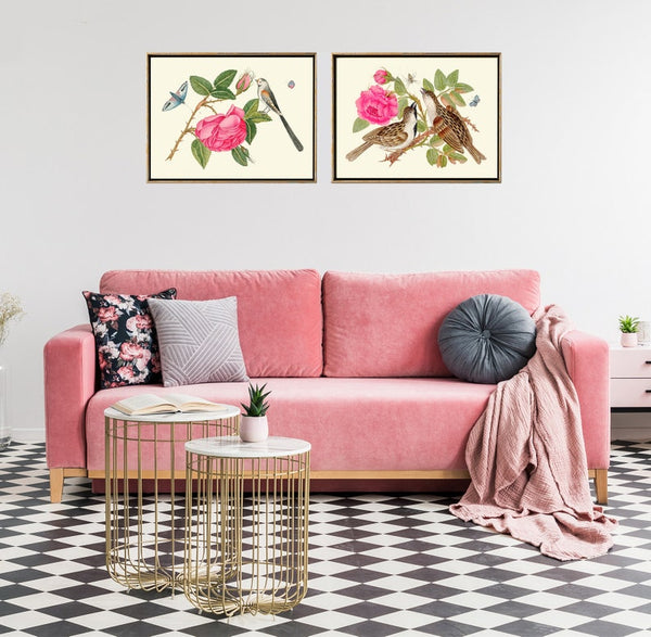 Birds and Roses Botanical Wall Art Decor Prints Set of 2 Beautiful Antique Pink Flowers Dining Living Room Home Decoration to Frame BOT