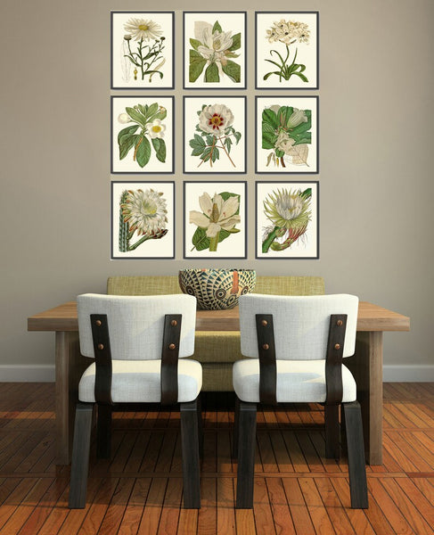 White Green Flowers Botanical Prints Wall Art Set of 9 Beautiful Vintage Antique Floral Decor Decoration Poster Home Room Decor to Frame CU