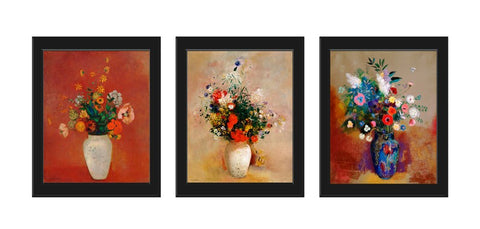 Wildflowers in Vases Botanical Wall Art Decor Set of 3 Prints Beautiful Vintage Antique Painting Colorful Flowers Blue Orange to Frame OR