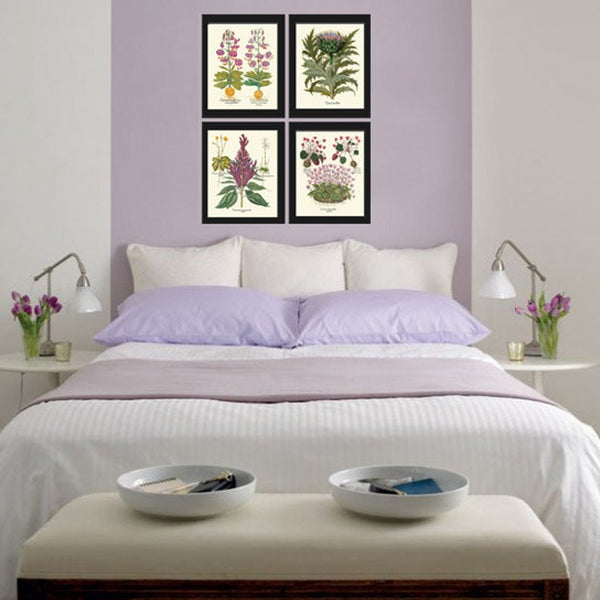 Botanical Prints Wall Art Decor Set of 4 Beautiful Antique Vintage Purple Violet Thistle Lily Flower Wildflower Home Decor to Frame BESL