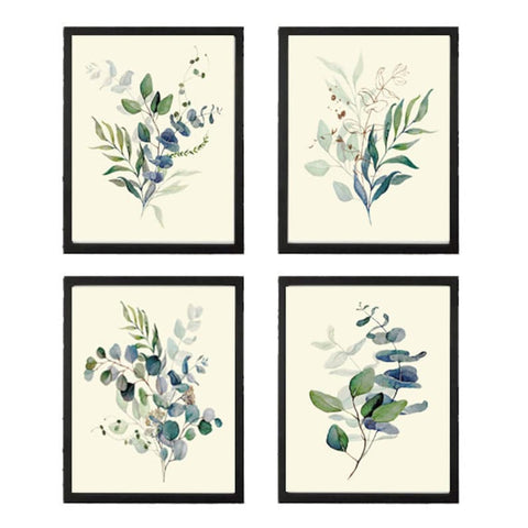 Eucalyptus Botanical Prints Wall Art Decor Set of 4 Beautiful Blue Green Tree Leaf Leaves Relaxation Relaxing Nature Flowers to Frame CMEU