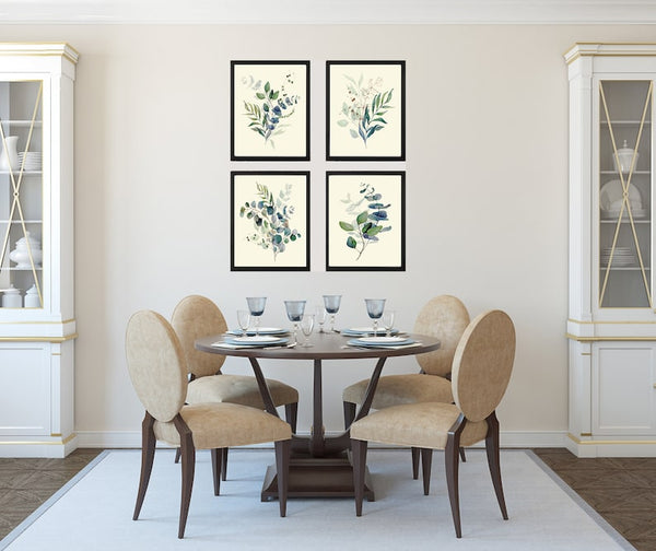 Eucalyptus Botanical Prints Wall Art Decor Set of 4 Beautiful Blue Green Tree Leaf Leaves Relaxation Relaxing Nature Flowers to Frame CMEU