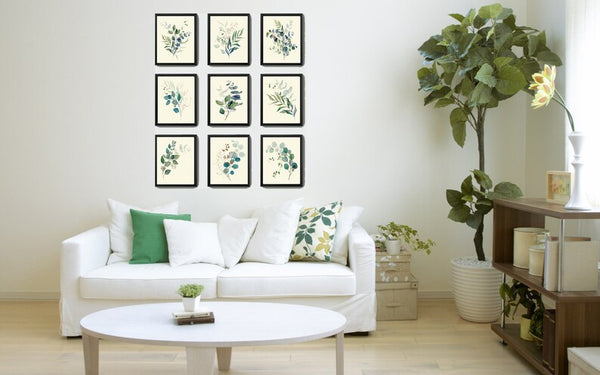 Eucalyptus Botanical Prints Wall Art Set of 9 Beautiful Watercolor Illustration Blue Green Tree Leaf Leaves Home Room Decor to Frame CMEU