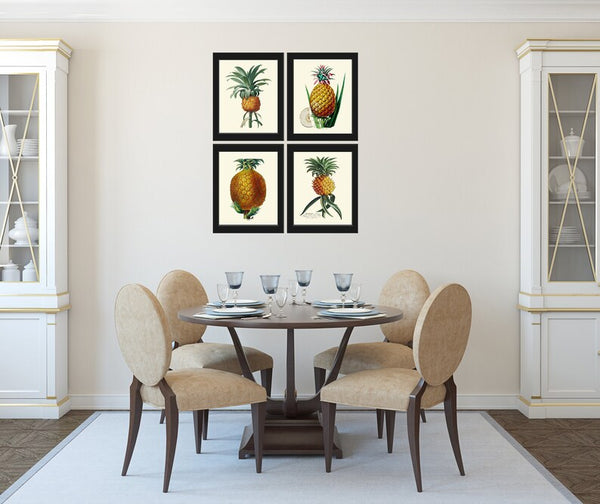 Pineapple Print Tropical Fruit Botanical Wall Art Set 4 Beautiful Antique Fruit Kitchen Dining Room Tropical Garden Home Decor to Frame PINA