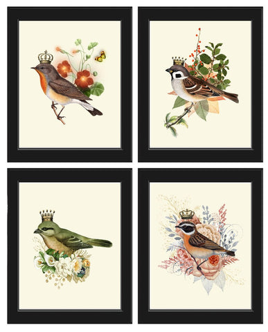 Crown Birds Wall Art Print Set of 4 Beautiful Whimsical Pretty Fairy Flower Queen King Bird Watercolor Painting Home Room Decor to Frame DC