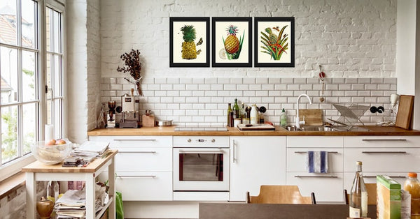 Pineapple Tropical Fruit Botanical Wall Art Set 3 Prints Beautiful Vintage Antique Kitchen Dinning Room Home Decor Large Sizes to Frame PINA